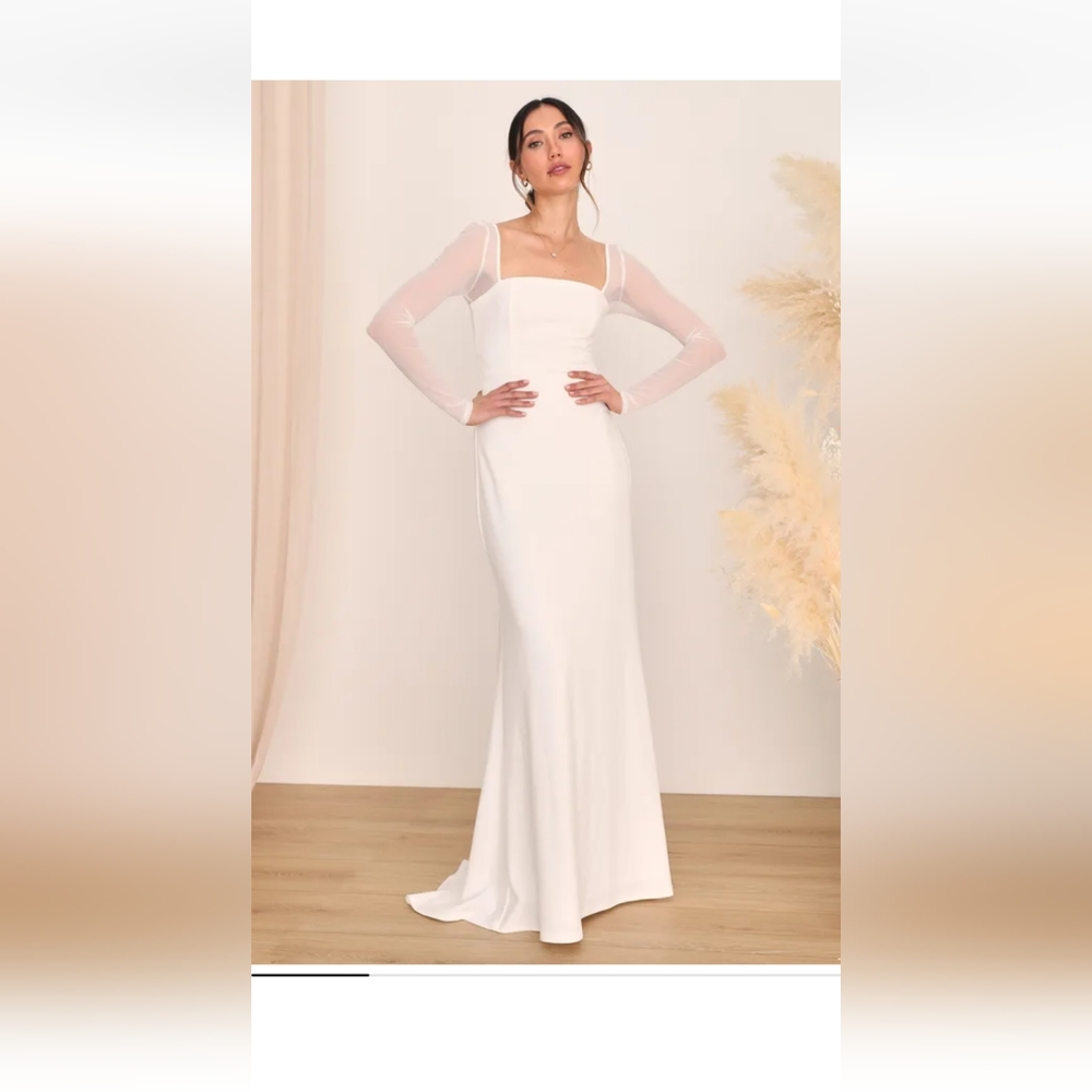 Lulus Lovingly Yours White Mesh Long Sleeve Maxi Bridal Wedding Dress